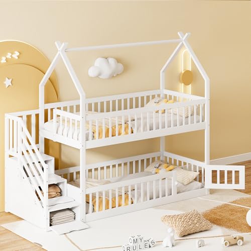 Merax Etagenbett 90x200 cm mit Dach, Kinderbett mit Sicherheitstreppe, Holzeinzelbett mit Stauraumbett für Kinder und Jugendliche, Multifunktional, Platzsparend, Holzstruktur, Weiß (Ohne Matratze) von Merax