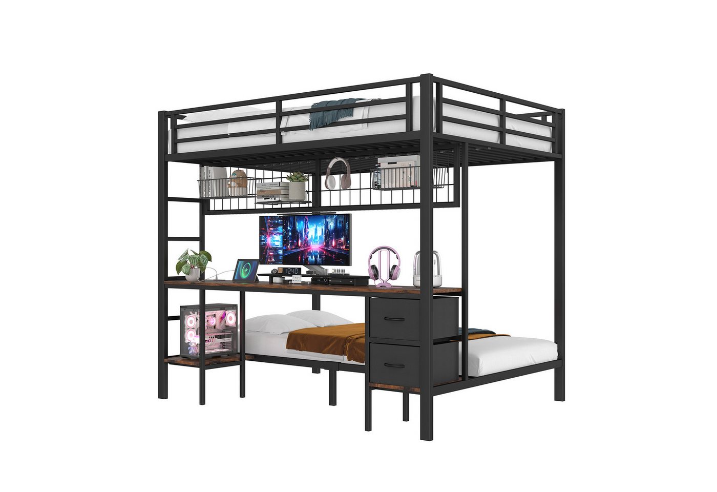 Merax Etagenbett 90x200cm/140x200cm mit LED (1-St., Jugendbett Stokbett aus Eisen, 204x145x180cm), Metallbett Kinderbett Hochbett mit Schreibtisch Schubladen Ablagen von Merax