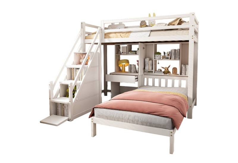 Merax Etagenbett 90x200cm mit Schreibtisch und Regale, Kinderbett mit Stauraumtreppe und für 2 Kinder, Kieferholz von Merax