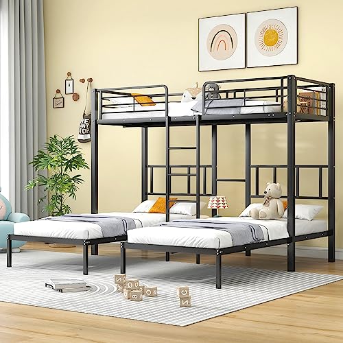 Merax Etagenbett Dreierbett für Kinder, Hochbett aus Metall 90 x 200 cm, Kinderbett mit rechtwinkliger Leiter, Stockbett mit Rausfallschutz und Tisch, für Kinder und Jugendliche, Schwarz von Merax