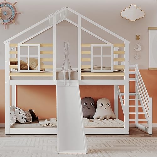 Merax Etagenbett Holzbett Blockhaus Kinderbett mit Rutsche, Fenster und Absturzsicherung - Massivholz Etagenbett in Weiß (90x200 cm) von Merax