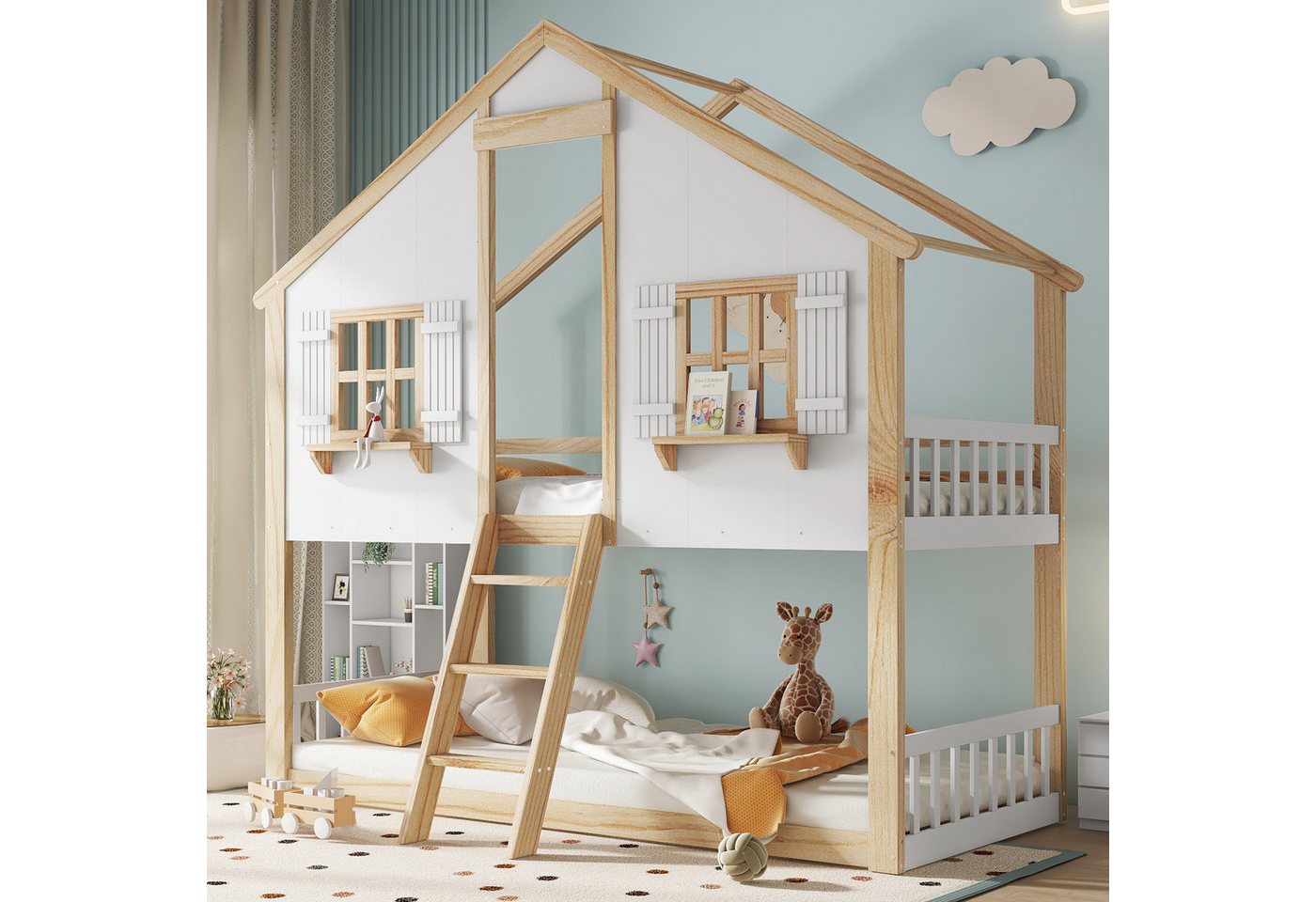 Merax Etagenbett Stockbett (1-St., Jugendbett Doppelbett Hausbett), Kiefer Kinderbett 90x200cm mit Dach, Fenstern, Geländer & Schrägleiter von Merax