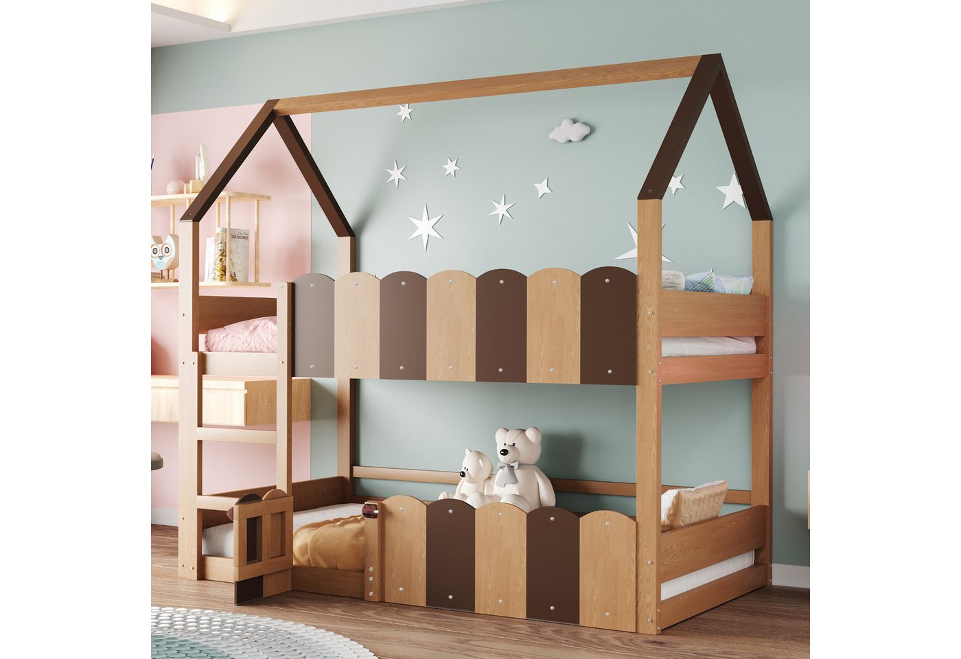 Merax Etagenbett aus Massivholz im Haus-Design (1-St., Jugendbett Hausbett Hochbett), Kinderbett 90x200cm mit Leiter Tür Sicherheitsgeländern Unterbereich von Merax
