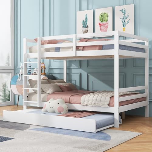 Merax Etagenbett für Kinder 140x200cm, Kinderbett Hochbett mit Rausfallschutz & Ausziehbett, Doppelbett Bettgestell mit Leiter & DREI Lattenrost, platzsparendes, für Mehrkindfamilie, Schlafsaal, Weiß von Merax