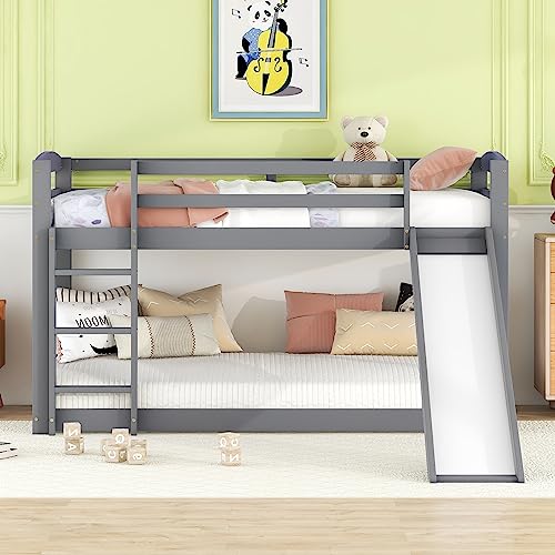 Merax Etagenbett für Kinder und Jugendliche mit Rutsche - Massivholzrahmen, einfache Montage, 90x200 cm, in stilvollem Grau - ohne Matratze von Merax