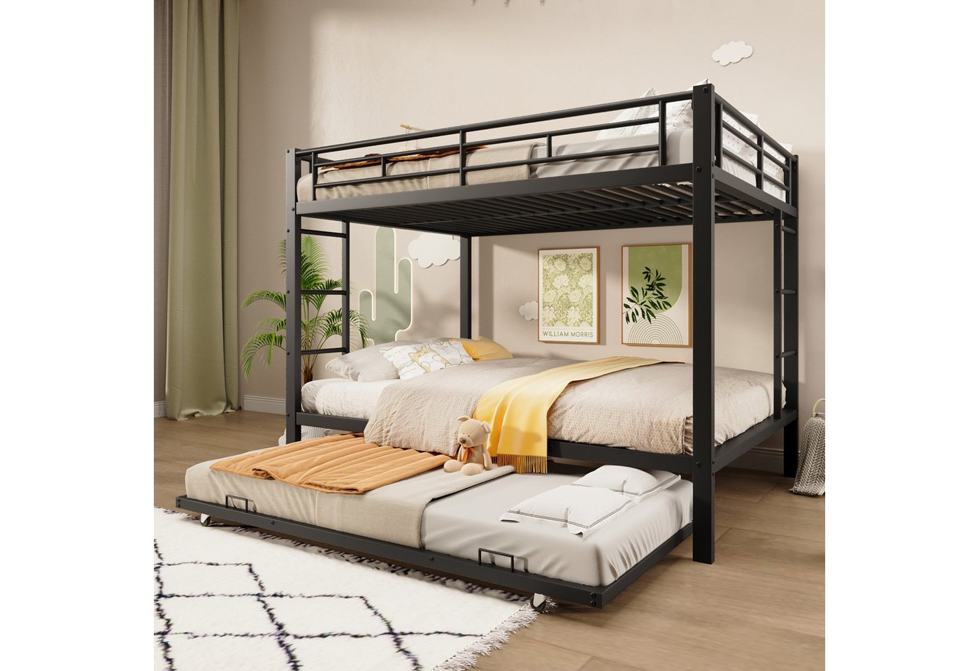Merax Etagenbett mit Ausziehbett 90x190cm (1-St., Jugendbett Stockbett), Metallbett Stockbett Kinderbett 140x200cm mit Geländer und Leiter von Merax