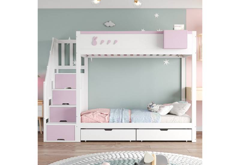 Merax Etagenbett mit Kaninchen- und Karottenmotiven (1-St., Stockbett Jugendbett Doppelbett Hochbett), Kiefer Kinderbett 90x200cm mit 2 Schubladen Stauraumtreppe Ablagefach von Merax