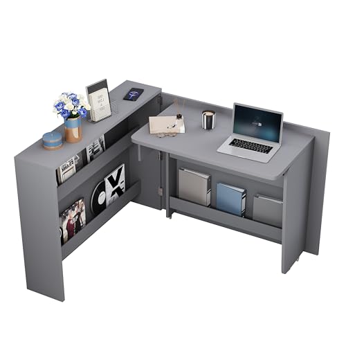 Merax Faltbarer Schreibtisch mit Rollen & Wireless Charger – 2-in-1 Sideboard & Arbeitsplatz, Hochglanz Weiß, 95×51 cm Tischfläche, Anti-Kipp-Sicherung, mit Regal, mobilem Design, 115×27×93 cm, Grau von Merax