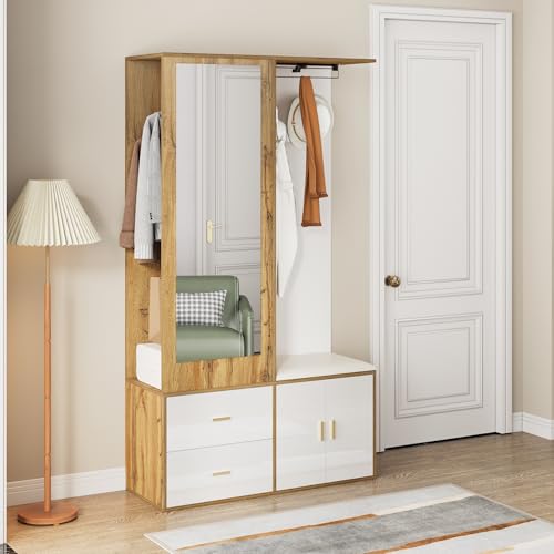 Merax Flurgarderobe mit Spiegel, Schuhschrank und Schuhbank, Kompaktgarderobe mit ausziehbaren Kleiderbügeln, Weiß und Holzfarbe Merax Flurgarderobe mit Spiegel, Schuhschrank und Schuhbank, Kompaktgarderobe mit ausziehbaren Kleiderbügeln, Weiß und Holzfarbe von Merax