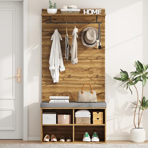 Merax Flurgarderoben Set 175cm hohes, Garderoben-Set, Stylishe Kompaktgarderobe mit Schuhbank, Regal, Kleiderhaken, Kleiderstange, Wandgarderobe für Eingangsbereich, verstellbarem Regal, Holzfarbe Merax Flurgarderoben Set 175cm hohes, Garderoben-Set, Stylishe Kompaktgarderobe mit Schuhbank, Regal, Kleiderhaken, Kleiderstange, Wandgarderobe für Eingangsbereich, verstellbarem Regal, Holzfarbe von Merax