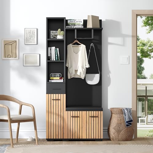 Merax Flurschrank Garderoben Set Eingang Mehrzweckschrank Flur mit 2 Schränken, Schublade, 5 Ablagen & Kleiderhaken, Multifunktionale Garderobe 80x35x175 cm Schwarz+Holzoptik von Merax