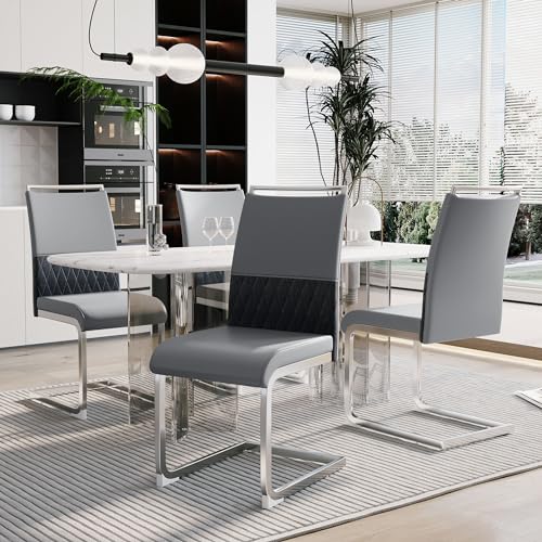 Merax Freischwinger Schwingstuhl 4er Set, Esszimmerstühle mit hoher Rückenlehne aus PU Kunstleder und Leinen, Metallgestell, Moderner Küchenstuhl, Polsterstuhl für Wohnzimmer Konferenzraum, Grau von Merax