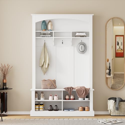 Merax Garderobe Set, Garderobe mit Schuhschrank, Multifunktionale Aufbewahrungsbank mit 3 hängenden Haken & offenem Stauraum, Stylishe Garderobenset für Flur, Weiß, H190/B120/T40 cm Merax Garderobe Set, Garderobe mit Schuhschrank, Multifunktionale Aufbewahrungsbank mit 3 hängenden Haken & offenem Stauraum, Stylishe Garderobenset für Flur, Weiß, H190/B120/T40 cm von Merax