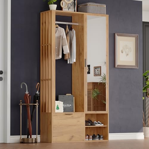 Merax Garderobe Set mit Spiegel, Modern Flurgarderoben Set mit Kleiderstange, Schuhschrank, 5 Staufächer, Stylishe Kompaktgarderobe für Flur Eingangsbereich, Eingangsschrank, Flurmöbel, Holzfarbe von Merax