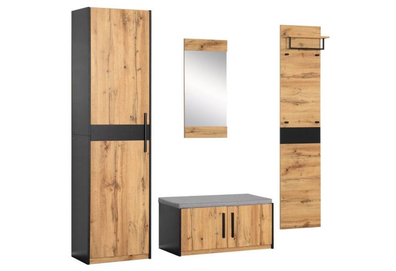 Merax Garderoben-Set Flurgarderoben Set in Wildeiche, (4-St), Kompaktgarderobe mit Spiegel für Ihren Eingangsbereich von Merax