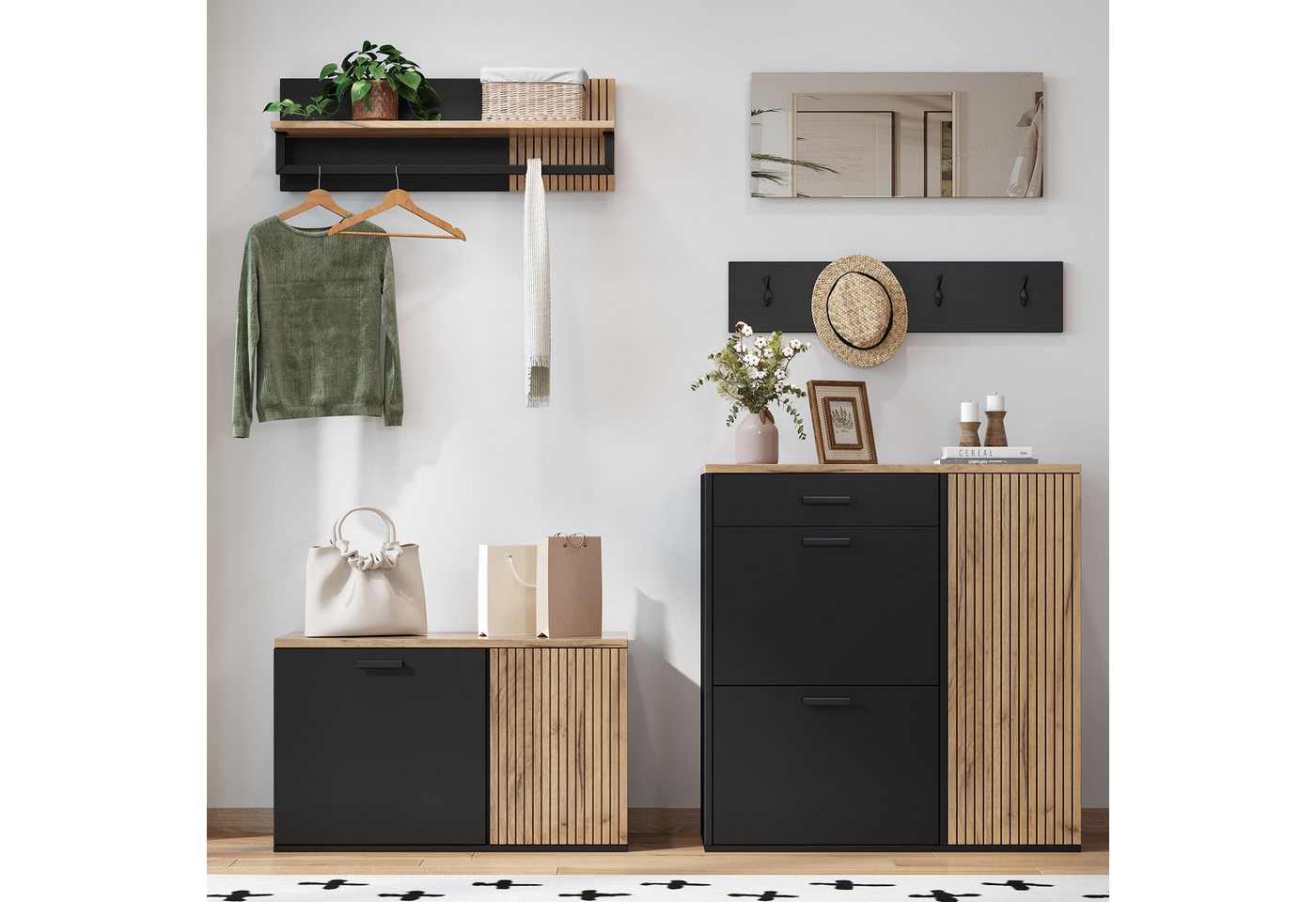 Merax Garderoben-Set 5-teilig Garderobenschrank in Holz/Schwarz, (5-St., Eingangsbereich-Schrank Flurmöbel), mit Schuhschrank,Kommode,Spiegel, Hutablage,Garderobenpaneel mit Haken von Merax
