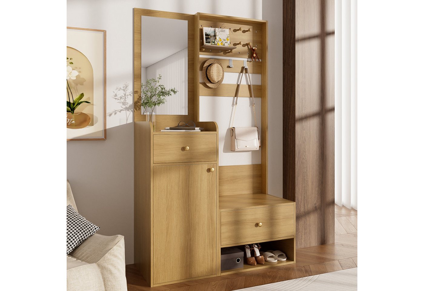Merax Garderoben-Set Garderobenschrank Kompaktgarderobe mit Spiegel, (1-St., 105 L x 38 B x 180 H), Flurregal mit Schubladen, Schrank, verstellbaren Haken & Stauraum von Merax
