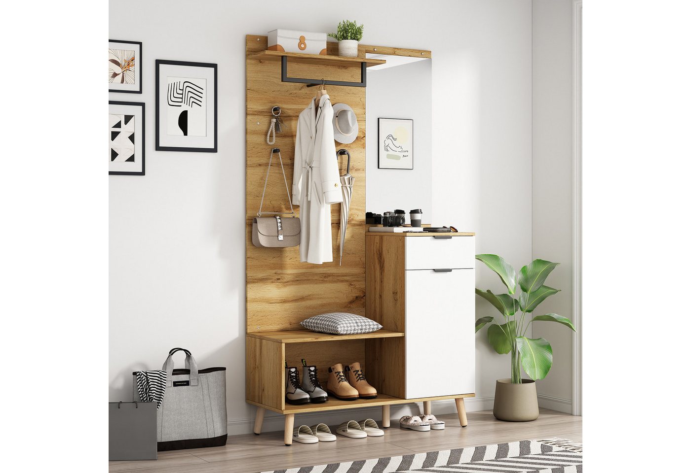 Merax Garderoben-Set mit Holzdesign & hydraulische Scharniere, (1-St., 104x37x190 cm), Komplett-Set mit Spiegel Schublade Schuhbank Schuhschrank Kleiderhaken von Merax