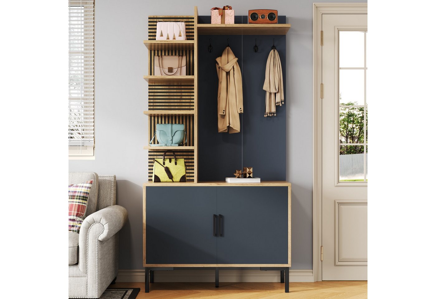 Merax Garderoben-Set mit Metallbeinen, Flurgarderoben Set, (1-St., Kompaktgarderobe mit Metallbeinen, 100 L x 40 B x 190.5 H(cm), Flurschrank mit Schuhfach,verstellbaren Ablagen,Haken,Seitenregalen von Merax