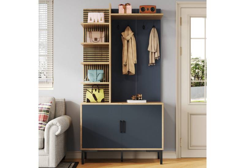 Merax Garderoben-Set mit Metallbeinen, Flurgarderoben Set, (1-St., Kompaktgarderobe mit Metallbeinen, 100 L x 40 B x 190.5 H(cm), Flurschrank mit Schuhfach,verstellbaren Ablagen,Haken,Seitenregalen von Merax