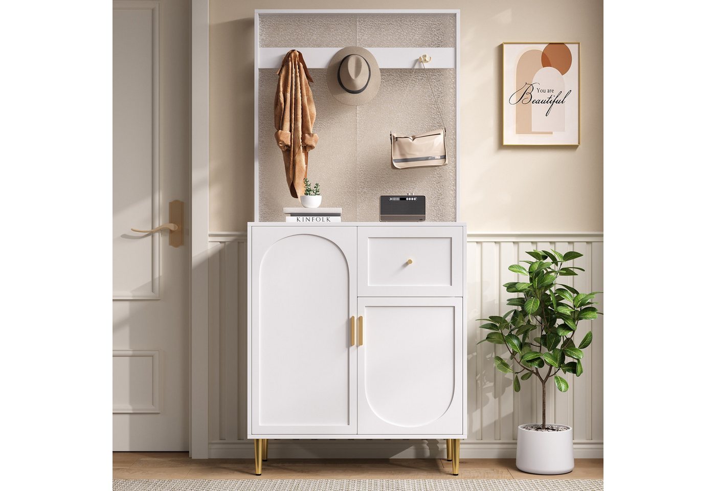 Merax Garderoben-Set mit Soft-Close-Türen, Flurgarderoben Set in Weiß mit Goldakzenten, (Garderobenständer Garderobenschrank Kompaktgarderobe, 1-St., 80x35x175,5 cm), Flurgarderobe mit Schuhschrank, Regal & verstellbaren Einlegeböden von Merax
