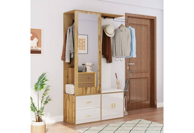 Merax Garderoben-Set mit Spiegel, 2 Schubladen und Schuhschrank, (1-St), Kleiderschrankset mit Schuhbank mit Haken & Ausziehbaren Kleiderbügeln von Merax