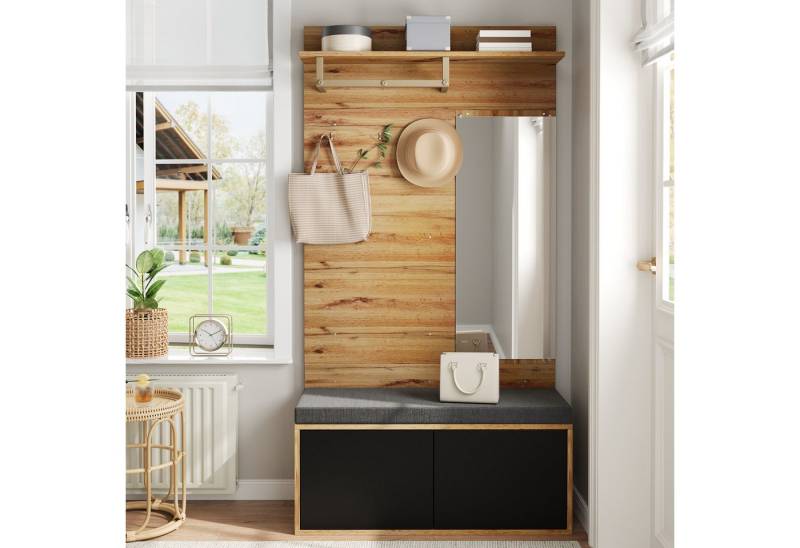 Merax Garderoben-Set mit Spiegel & Sitzkissen, Kompaktgarderobe in Schwarz-Holzoptik, (1-St., 100×190×38 cm), Flurgarderoben-Set mit Schuhschrank, Kleiderhaken & Soft-Close-Türen von Merax