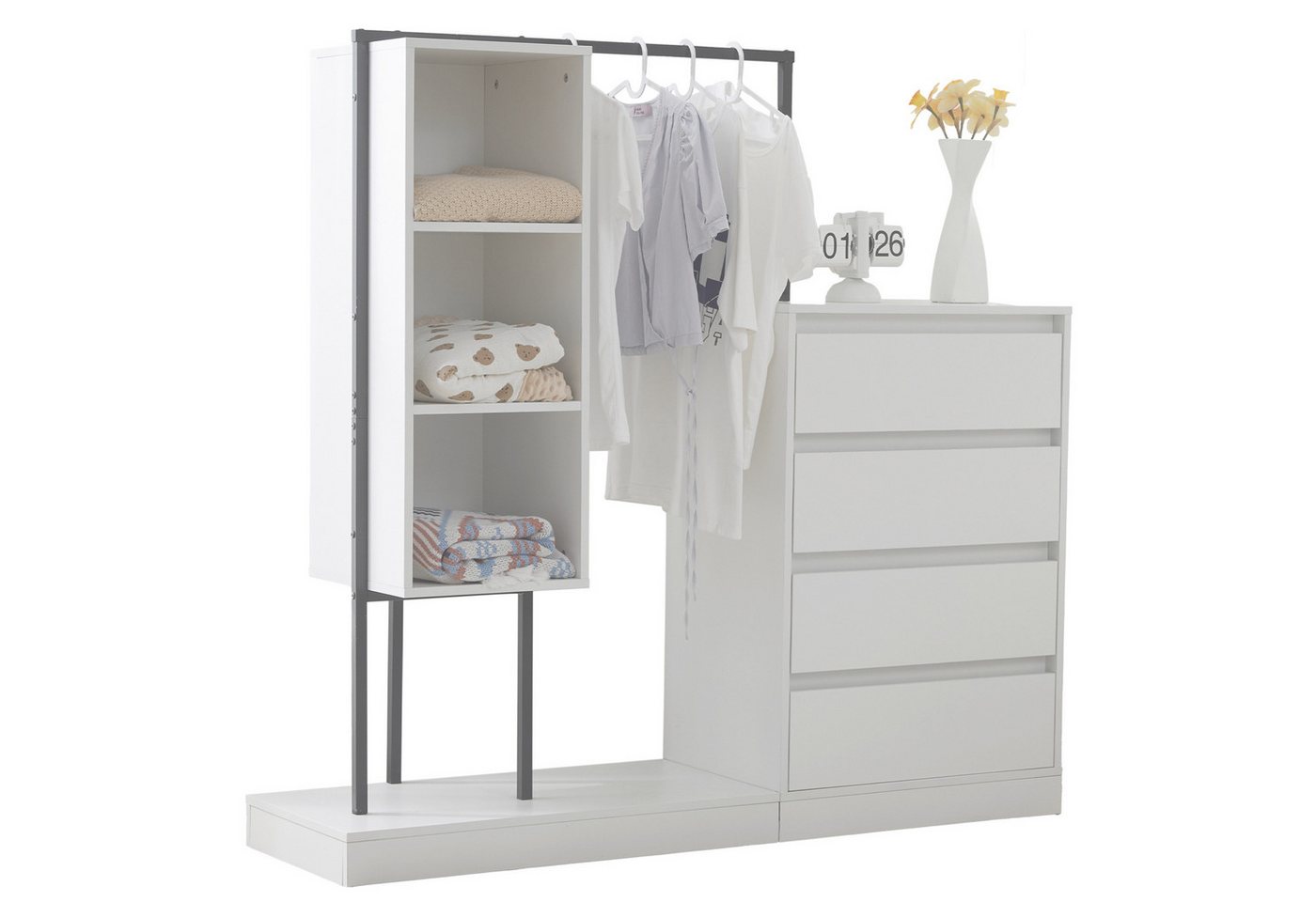 Merax Garderoben-Set mit mehrere Stauraumzonen, (Kleiderschrank, Kleiderstange und Schubladenschrank mit 4 Schublade), Kleiderschrank-Set, B140/W40/H135cm, weiß von Merax