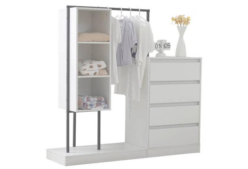 Merax Garderoben-Set mit mehrere Stauraumzonen, (Kleiderschrank, Kleiderstange und Schubladenschrank mit 4 Schublade), Kleiderschrank-Set, B140/W40/H135cm, weiß von Merax