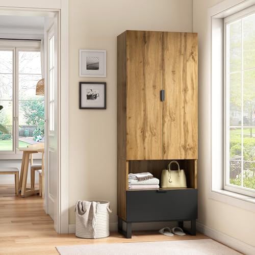 Merax Garderobenschrank mit Kleiderstange & Schublade, Kleiderschrank mit verstellbaren Einlegeböden und offenem Fach, moderner Flurschrank in Schwarz Eiche Wildeiche Merax Garderobenschrank mit Kleiderstange & Schublade, Kleiderschrank mit verstellbaren Einlegeböden und offenem Fach, moderner Flurschrank in Schwarz Eiche Wildeiche von Merax