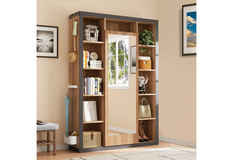 Merax Garderobenschrank mit Spiegel und Bücherregal (Vitrine, 1-St) Schrank mit offene Fächer, Haken & Schirmablage, Holzoptik-Grauschwarz von Merax