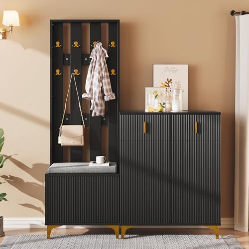 Merax Garderobenset, Flurgarderobe mit Schuhbank und Kissen, Kleiderschrank-Set mit Haken, Schuhschrank mit Schubladen und Türen, Schwarz Merax Garderobenset, Flurgarderobe mit Schuhbank und Kissen, Kleiderschrank-Set mit Haken, Schuhschrank mit Schubladen und Türen, Schwarz von Merax