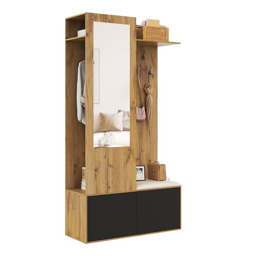 Merax Garderobenset Flur 191x100x38 cm, mit Spiegel, Schuhschrank, Sitzbank, 5 Kleiderhaken, Moderner Kleiderschrank mit Viel Stauraum, Flurmöbel Eingangsbereich, Holzfarbe+Schwarz von Merax
