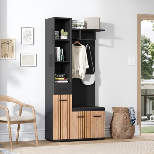 Merax Garderobenset Kompaktgarderobe, Modern Flurgarderoben Set mit Schuhbank, Schubladen, Staufächer, Kleiderhaken, Stylishe Garderobenständer für Flur Eingangsbereich, Flurmöbel, Schwarz & Holzfarbe von Merax