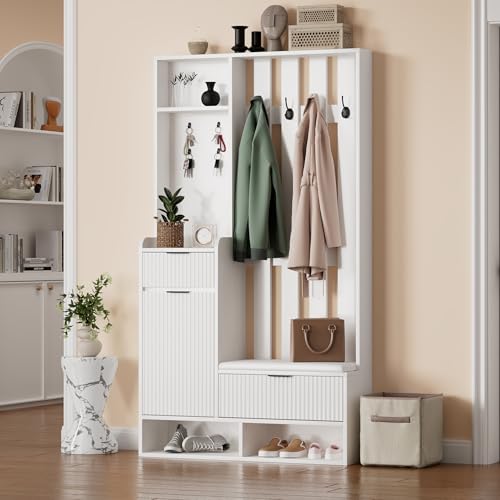 Merax Garderobenset Wandgarderobe, Kompaktgarderobe, Modern Flurgarderoben Set mit Schuhbank, 2 Schubladen, Türen, Wandpaneelen, Stylishe Garderobenständer für Flur Eingangsbereich, Flurmöbel, Weiß von Merax