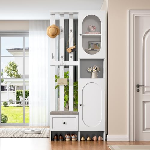 Merax Garderobenset Wandgarderobe, Kompaktgarderobe, Modern Flurgarderoben Set mit Schuhbank, Vitrine, Wandpaneelen, Kleiderhaken, Stylishe Garderobenständer für Flur Eingangsbereich, Flurmöbel, Weiß von Merax