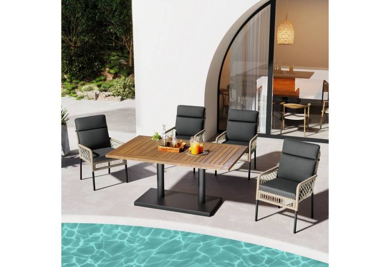 Merax Garten-Essgruppe Gartenmöbel-Set aus Akazienholz & Polyratten, (5-tlg., Gartengarnitur Terrassenmöbel Esstisch-Set), 4-Sitzer Sitzgruppe Gartenlounge mit Esstisch & 4 Stühle von Merax