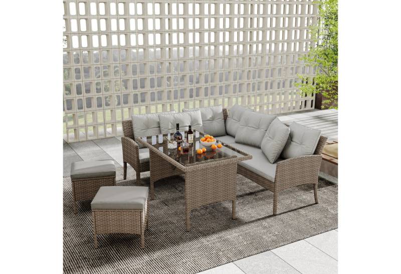 Merax Garten-Essgruppe für 7 Personen mit Stahlrahmen und Kissen, (5-tlg., 1 Esstisch, 1 3-Sitzer, 1 2-Sitzer-Ecksofa, 2 Hocker), Gartenmöbel Set Polyrattan, Gartenlounge Set, Sitzgruppe von Merax