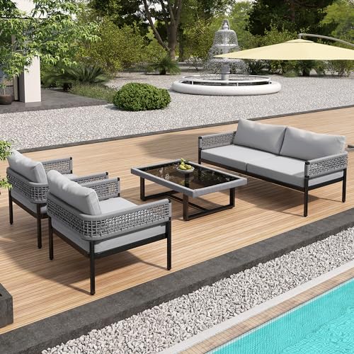 Merax Garten-Lounge-Set mit verzinktem Eisenrahmen Gartenmöbel-Set aus Seil inklusive Aller Sitz- und Rückenkissen von Merax