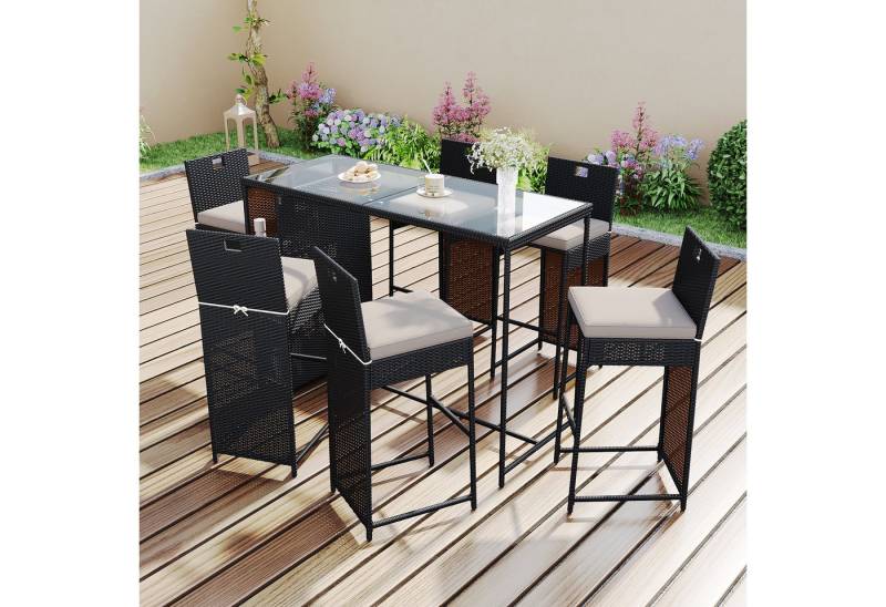 Merax Gartenbar-Set, (7-tlg), Polyrattan Gartenlounge Essgruppe mit Ablagefläche & Glas-Tischplatte von Merax