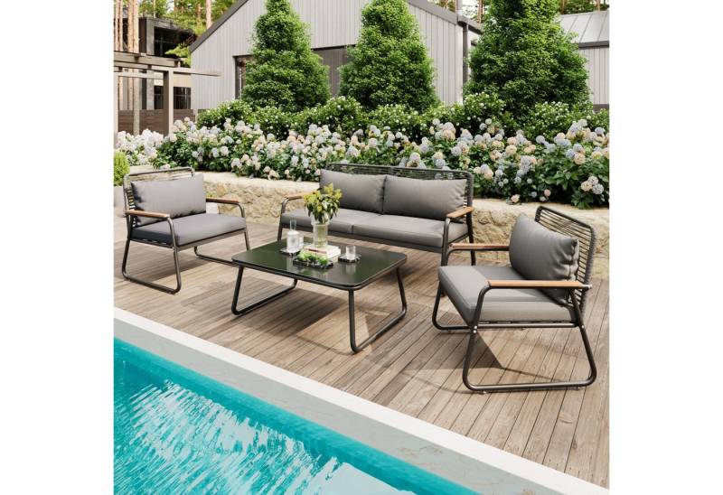 Merax Gartenlounge-Set, (4-tlg., Balkonmöbel Gartengarnitur Terrassenmöbel mit verstellbaren Füßen), Gartenmöbel für 4 Personen mit 2-Sitzer-Sofa, 2 Sessel & Couchtisch von Merax