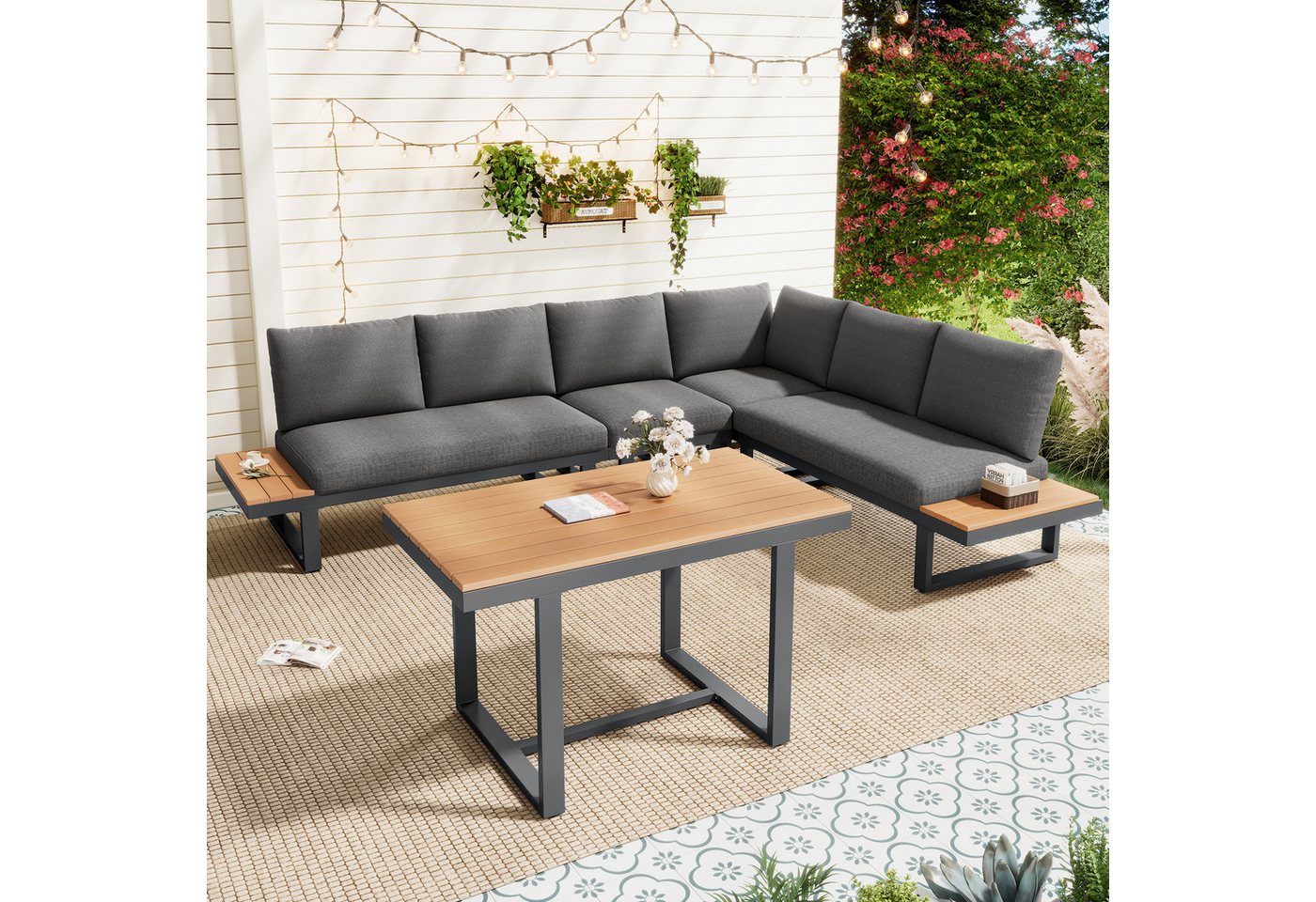 Merax Gartenlounge-Set, (5-tlg), mit Tisch, Sofa & Ecksofa mit 5-stufig verstellbarer Neigefunktion von Merax