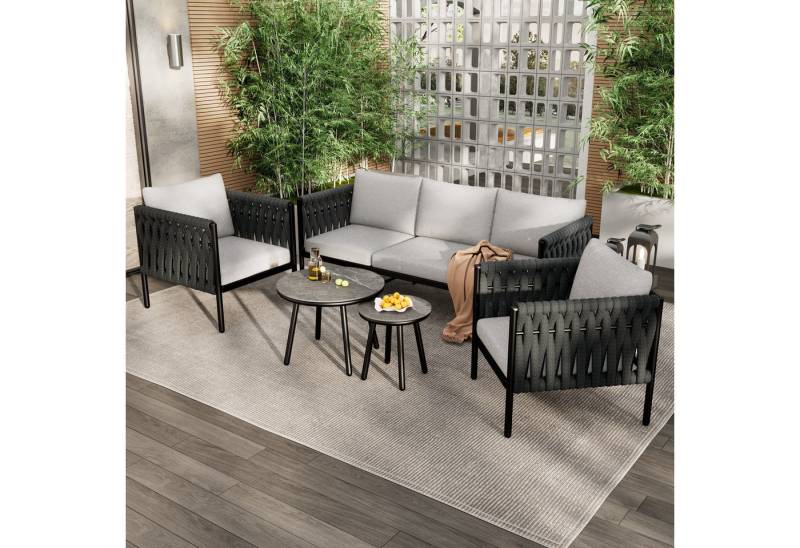 Merax Gartenlounge-Set 5-Sitzer Sitzgruppe mit Sofa, 2 Sesseln & 2 Couchtische, (5-tlg., Gartenmöbel-Set Gartengarnitur), mit marmorierter Glasplatte, dickem Seilgeflecht & verzinktem Stahl von Merax