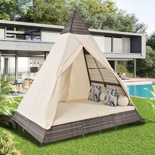 Merax Gartenlounge-Set Rattanzelt 2–4 Personen, Outdoor Gartenzelt aus Atmungsaktives Rattan, Terrassenmöbel mit abnehmbar & waschbar Kissen, für Balkon Schwimmbad, Gartenmöbel Set, Pavillon, Beige von Merax