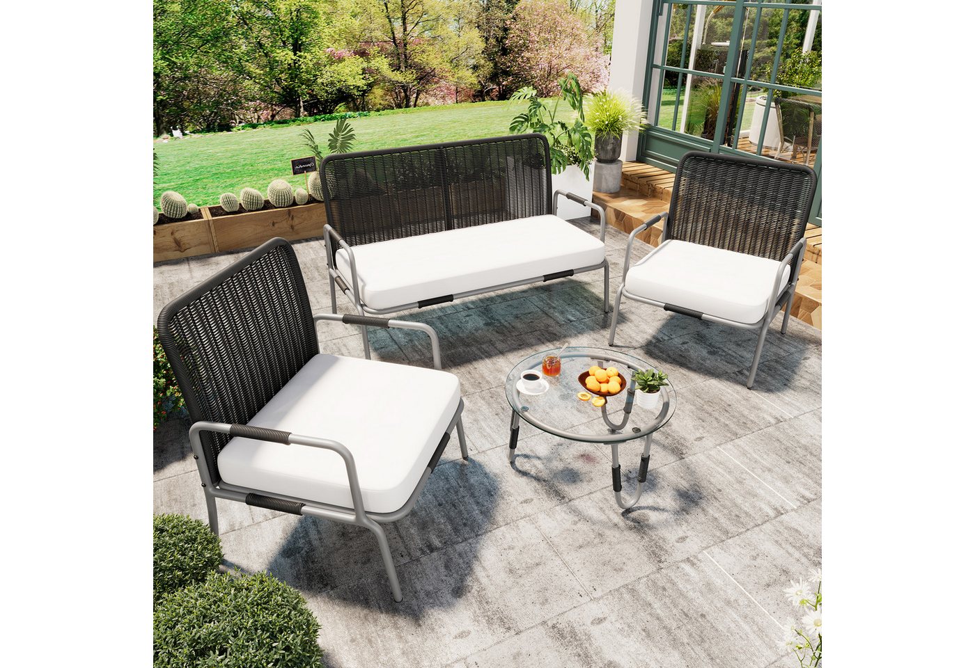 Merax Gartenlounge-Set für 4 Personen mit Eisenrahmen, (4-tlg., 1 2-Sitzer, 2 Sessel, 1 Couchtisch), Gartenmöbel Set Polyrattan, Sitzgruppe, Sitzgarnitur, Balkonmöbel von Merax