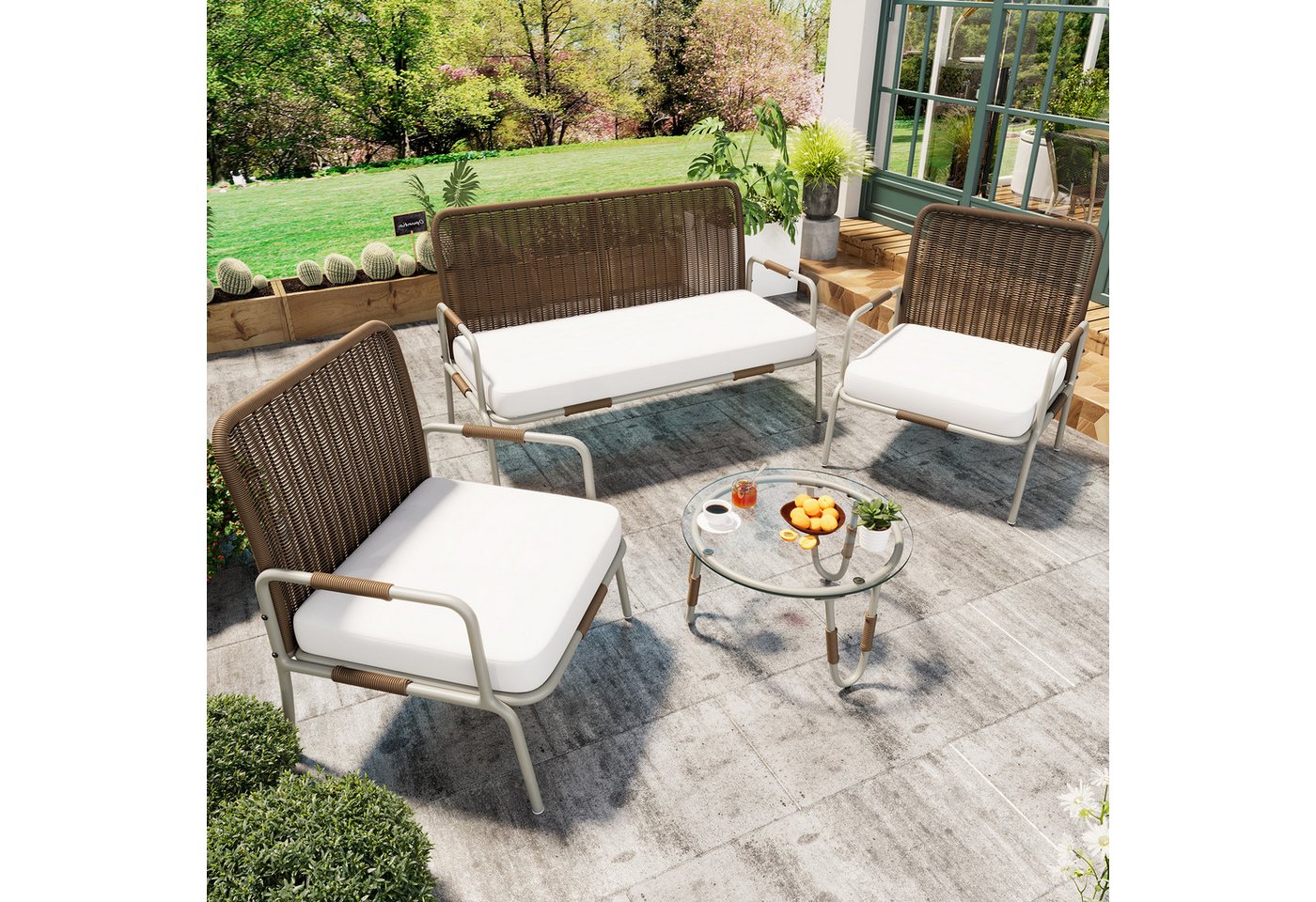 Merax Gartenlounge-Set für 4 Personen mit Eisenrahmen, (4-tlg., 1 2-Sitzer, 2 Sessel, 1 Couchtisch), Gartenmöbel Set Polyrattan, Sitzgruppe, Sitzgarnitur, Balkonmöbel von Merax