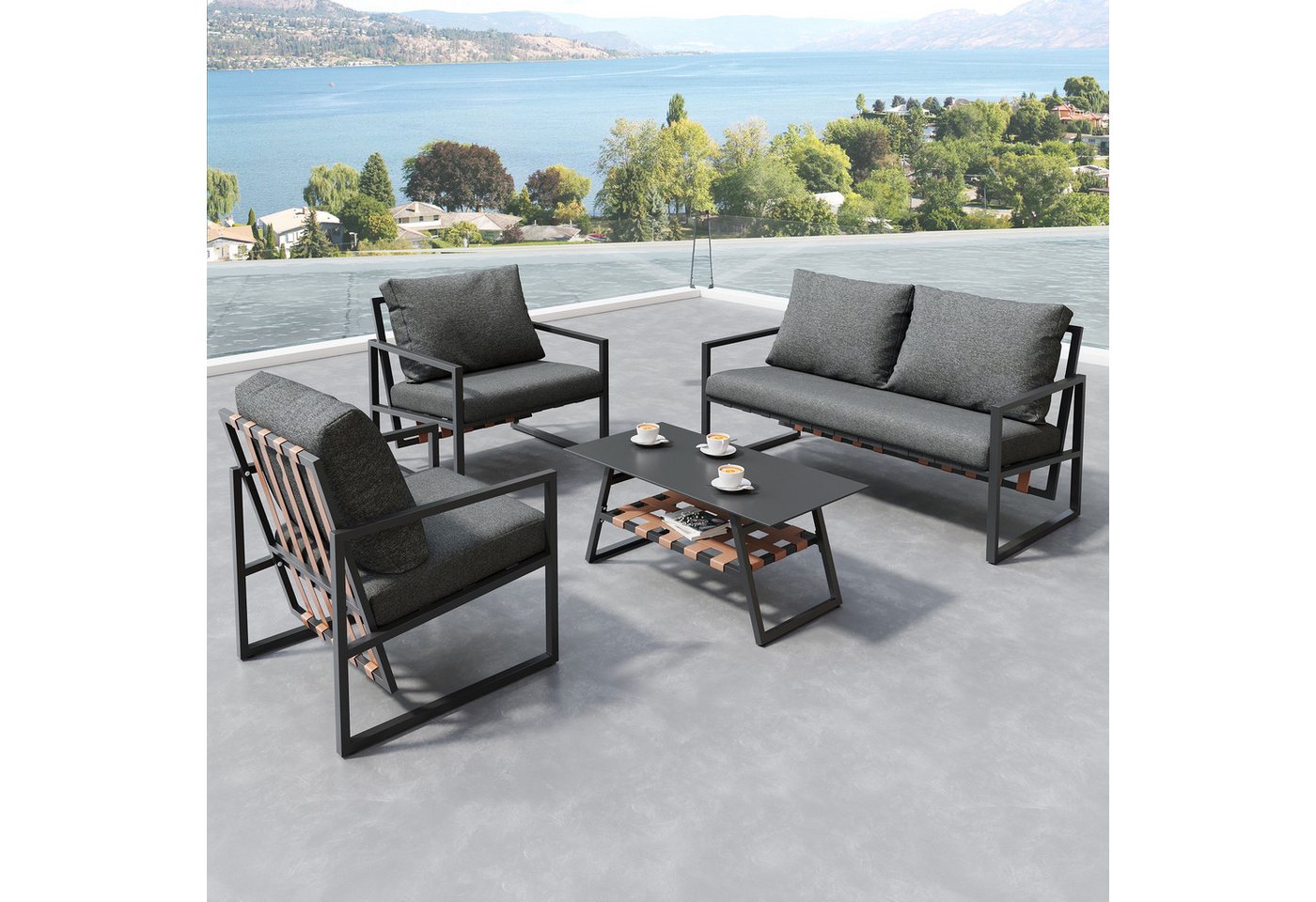 Merax Gartenlounge-Set für 4 Personen mit Kissen, (4-tlg., 1 2-Sitzer, 2 Sessel, 1 Couchtisch), Balkonmöbel Set mit Stahlrahmen, Sitzgruppe, Gartenmöbel Set von Merax