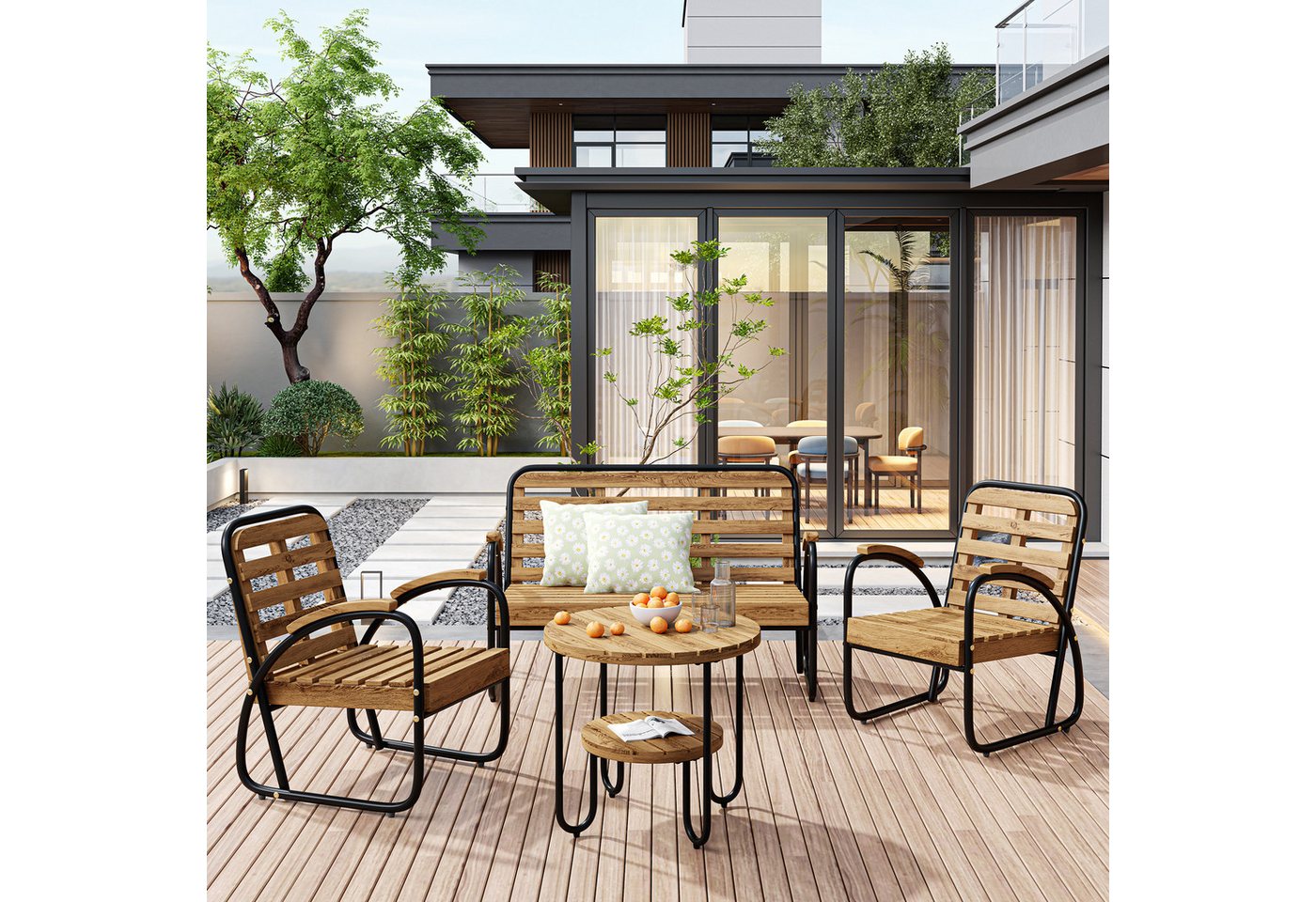 Merax Gartenlounge-Set für 4 Personen mit Stahlrahmen, (4-tlg., 1 2-Sitzer, 2 Sessel, 1 Couchtisch), Gartenmöbel Set aus Akazie, Balkonmöbel Set, Sitzgruppe, Industrial von Merax