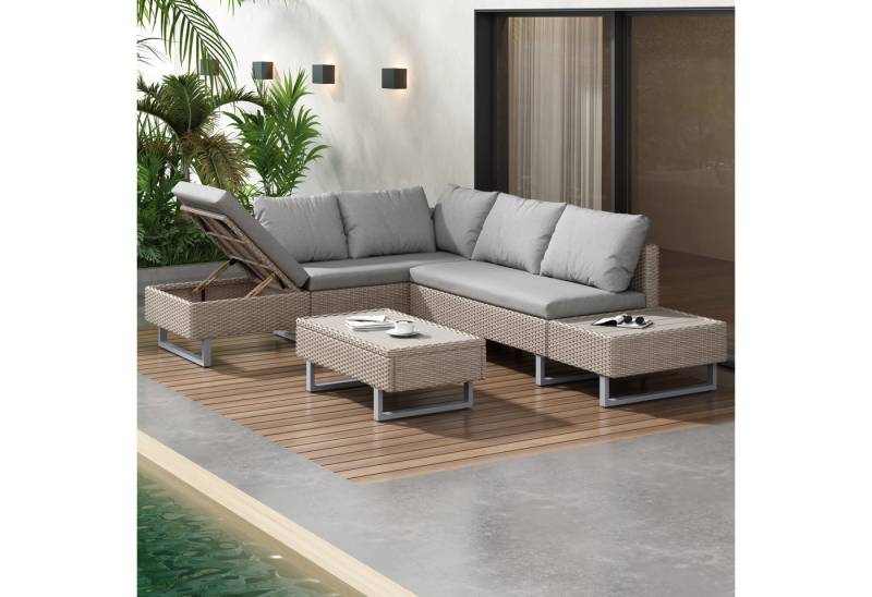 Merax Gartenlounge-Set für 5 Personen mit verzinkten Stahlrahmen und Kissen, (3-tlg., 1 2-Sitzer-Bank, 1 3-Sitzer-Ecksofa, 1 Couchtisch), Gartenmöbel Set Polyrattan, Balkonset, Sofagarnitur, Sitzgruppe von Merax