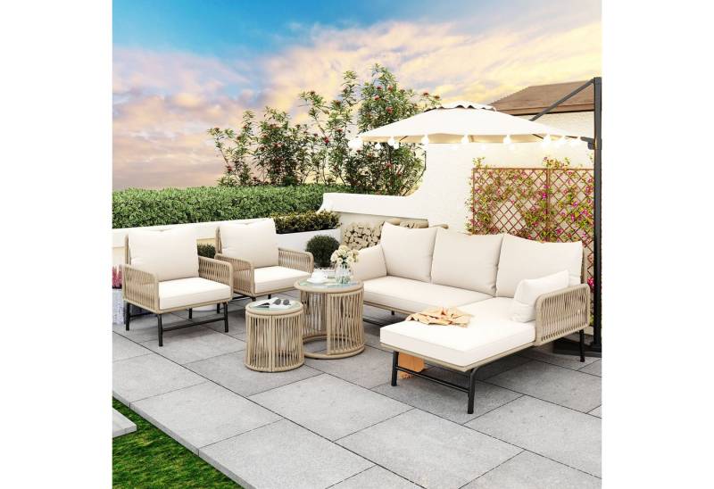 Merax Gartenlounge-Set für 6 Personen mit Eisenrahmen, (6-tlg., 2 Eckbänke, 2 Sessel, 1 Couchtisch, 1 Beistelltisch), Gartenmöbel Set Rope Lounge, Seil Balkonmöbel Set, Sitzgruppe von Merax